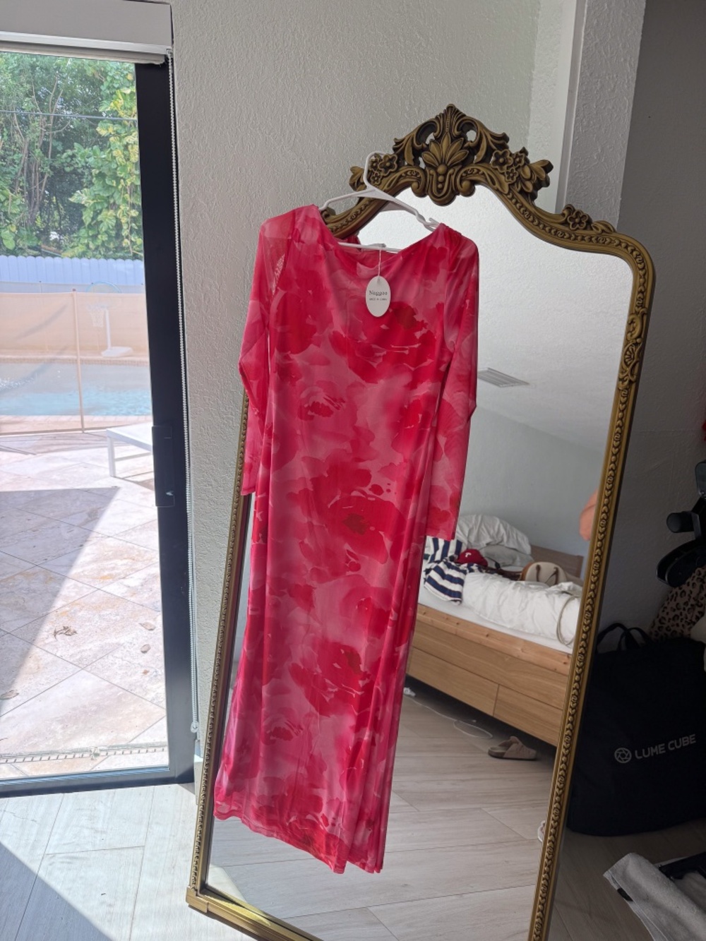 Floral pink midi bodycon dress - L
